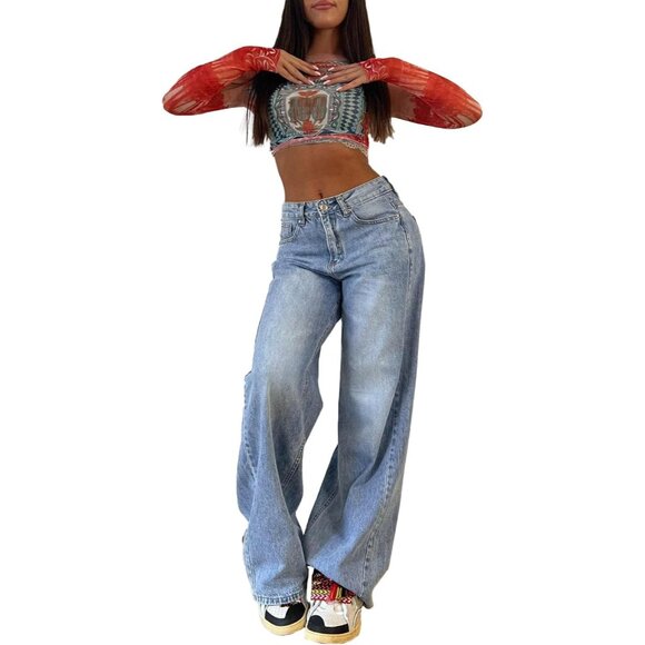 Wide Leg Denim Jeans Women Plus Size Mid Rise Vintage Y2K Street Style - Picture 2 of 3